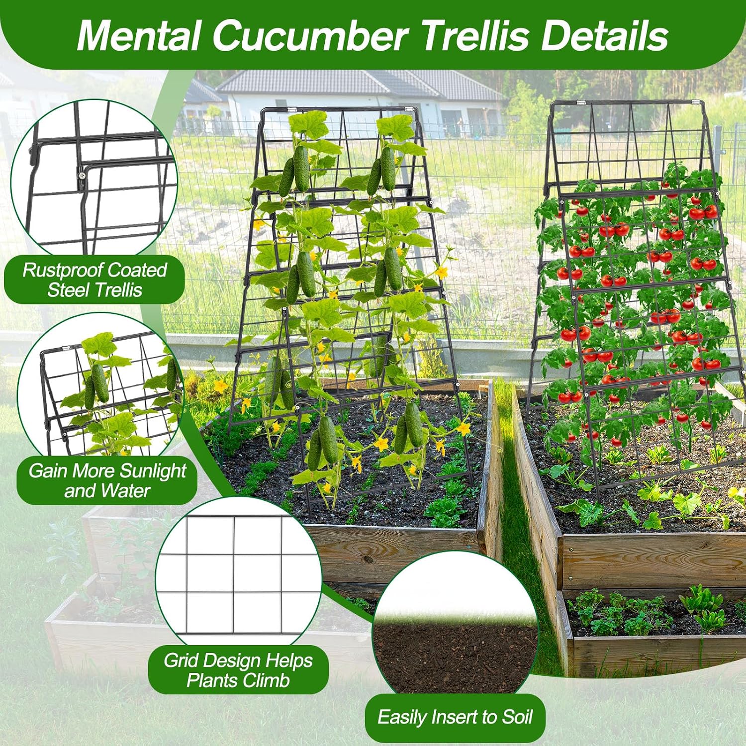Cucumber Trellis for Raised Bed A Frame Metal Garden Trellis for Climbing Plants Outdoor, 42 x 16IN Foldable Coated