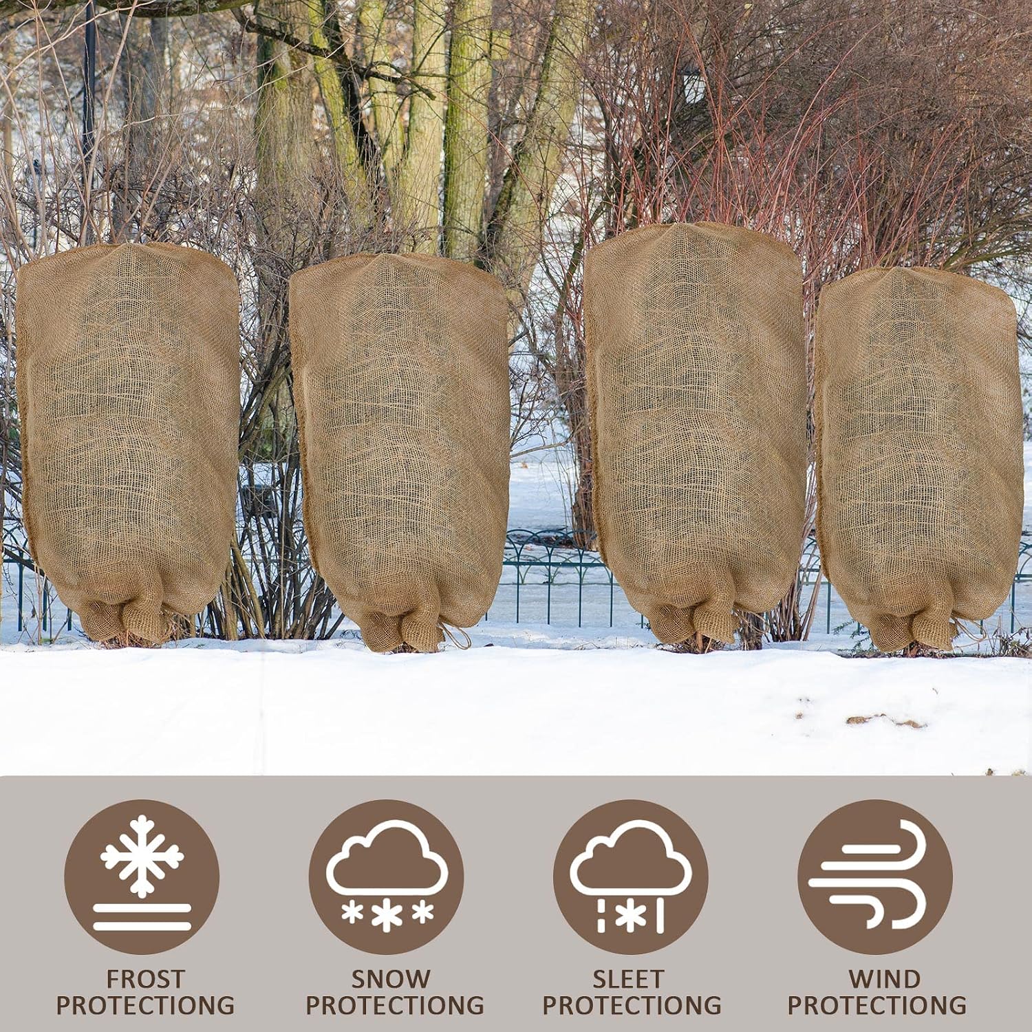 Woanger 6 Pcs 40" x 24" Reusable Winter Burlap Plant Covers Bags Warm with Drawstring Large Sack Plant Blanket Burlap