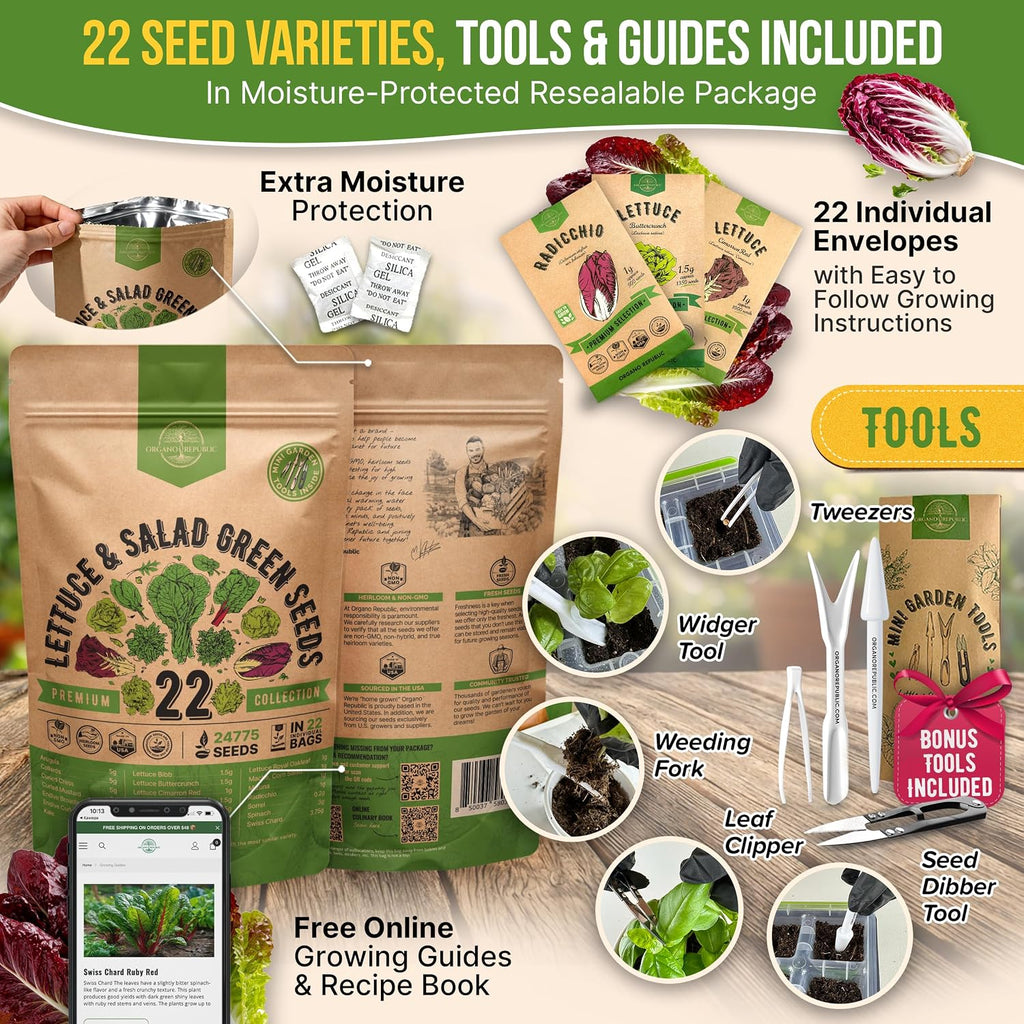 22 Lettuce & Salad Greens Seeds Variety Pack 24,700+ Non-GMO Heirloom Lettuce Seeds for Indoor & Outdoor Garden