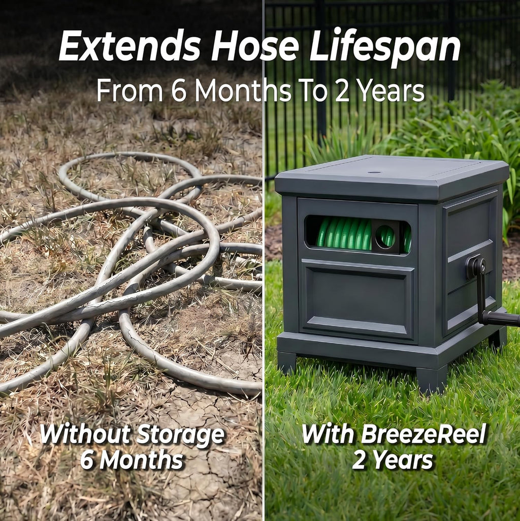 Garden Hose Reel Hideaway, Heavy Duty Metal Hose Reel Box Holds 125FT x 5/8" Hose, Steel Hose Storage Box with Manual