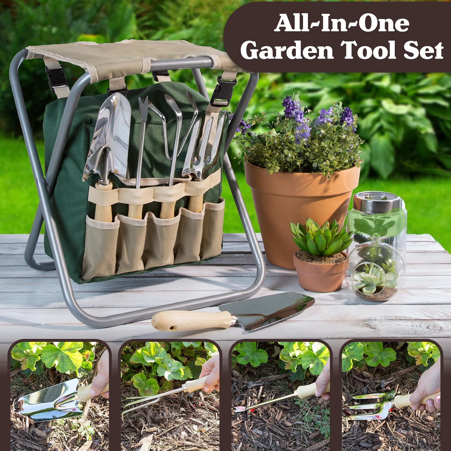 Pure Garden Folding Garden Stool with Tool Bag Plus 5 Garden Tools,Tan, Green and Silver
