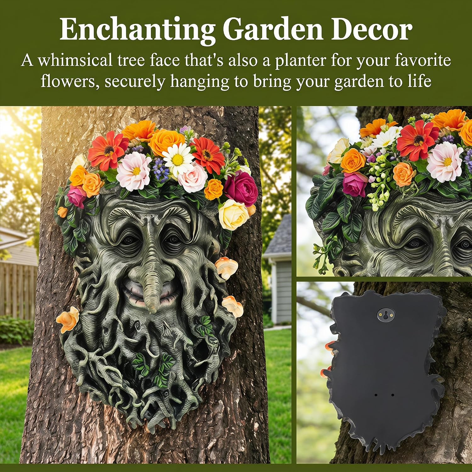 Old Man Tree Face Outdoor Decor Garden Statue Sculpture | Tree Face Hugger Flower Pot, Weatherproof, Rustic Fairy