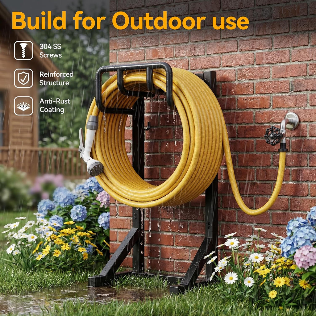 Garden Hose Holder Stand, Freestanding Heavy Duty Metal Hose Holder with Stable Base and Tool Hooks, Rustproof Water
