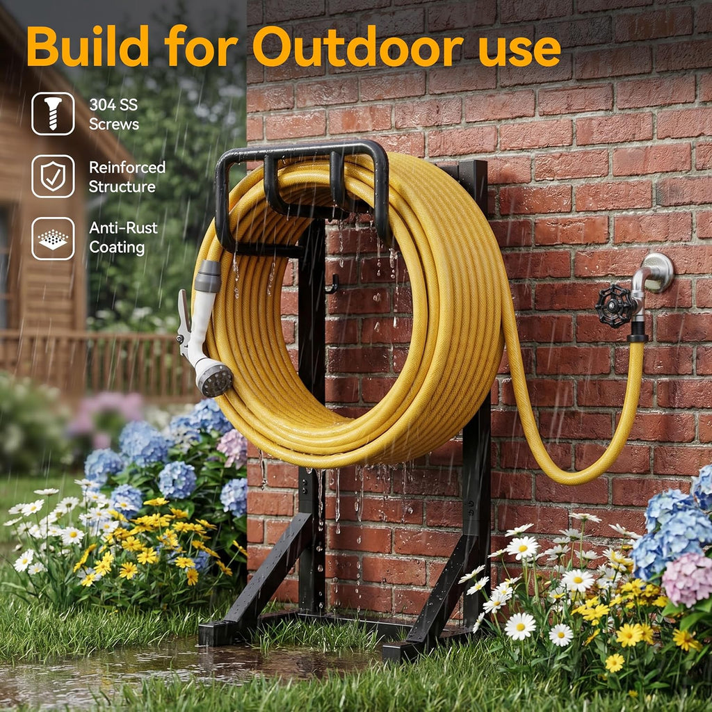 Garden Hose Holder Stand, Freestanding Heavy Duty Metal Hose Holder with Stable Base and Tool Hooks, Rustproof Water