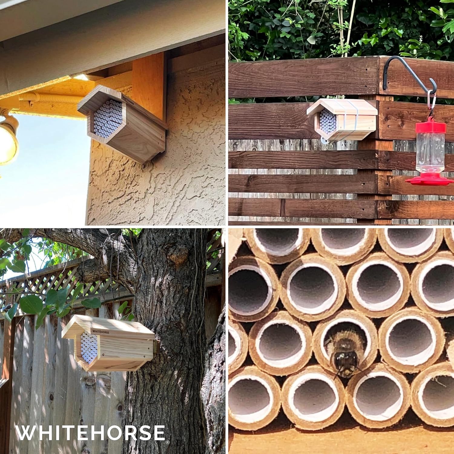 WHITEHORSE Premium Cedar Bee House - 6” Long Replaceable Tubes - Perfect for Mason Beekeeping - an Insect Hotel Built
