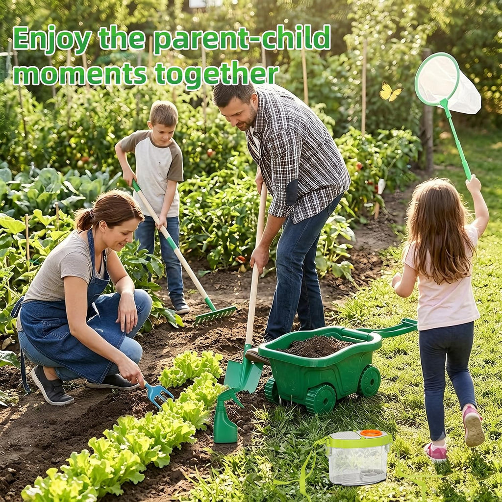 16Pcs Kids Gardening Tools,2-in-1 Kids Garening Wheelbarrow Toys | With Shovel,Rake,Hoe and Observation Box,STEM