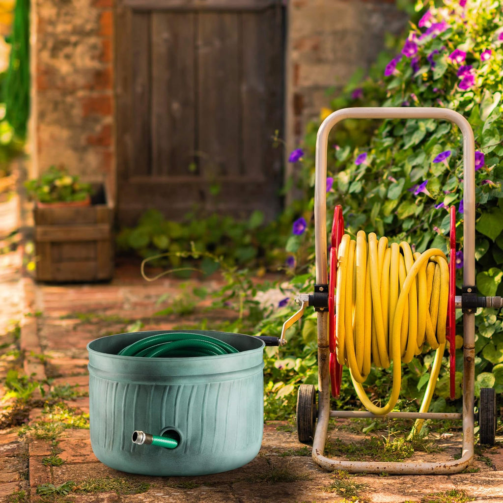 Garden Hose Holder Storage Pot with Lid 17 x 11.5" | Water Hose Container Pot Outdoor or Indoor Use | Expandable Water