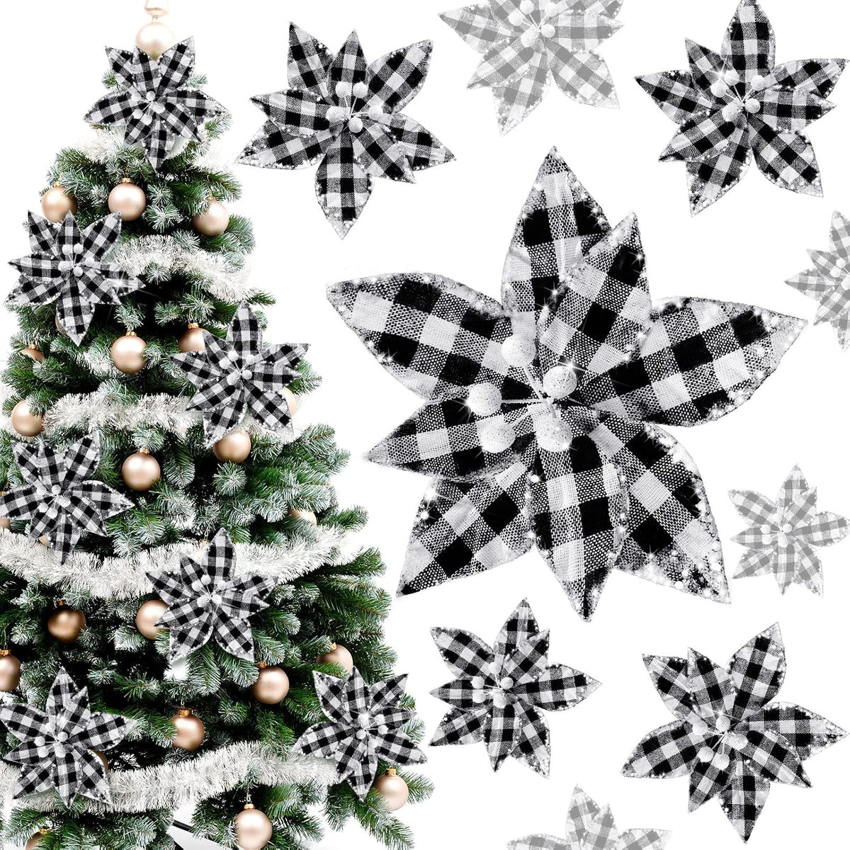 4 Pcs Artificial Mistletoe Picks - Flocked Red & White Berries with Glitter Leaves & Rope Bow, Christmas Hanging Kissing Plant Ornaments for Tree Door Party Decorations