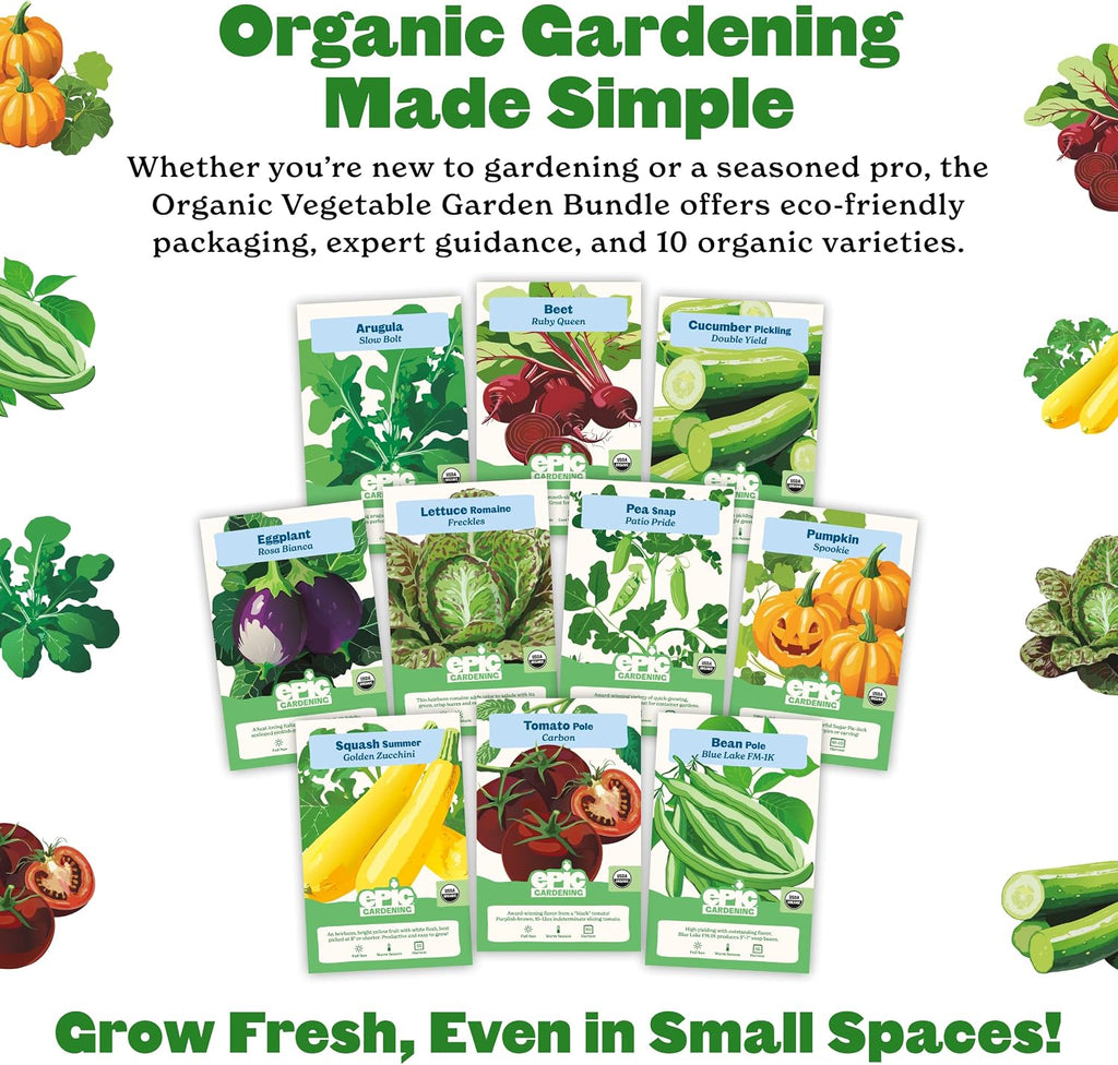 Organic Vegetable Garden Kit - 10 Non-GMO Varieties, Includes Tomatoes, Squash, Pumpkins, Beans & More, Perfect for