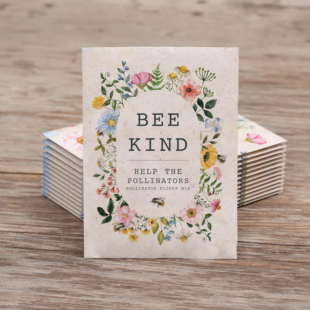 Bee Kind Pollinator Flowers | Beautiful Bee Art Kraft Look Seed Packets | Environmental Favors Cards for Guests