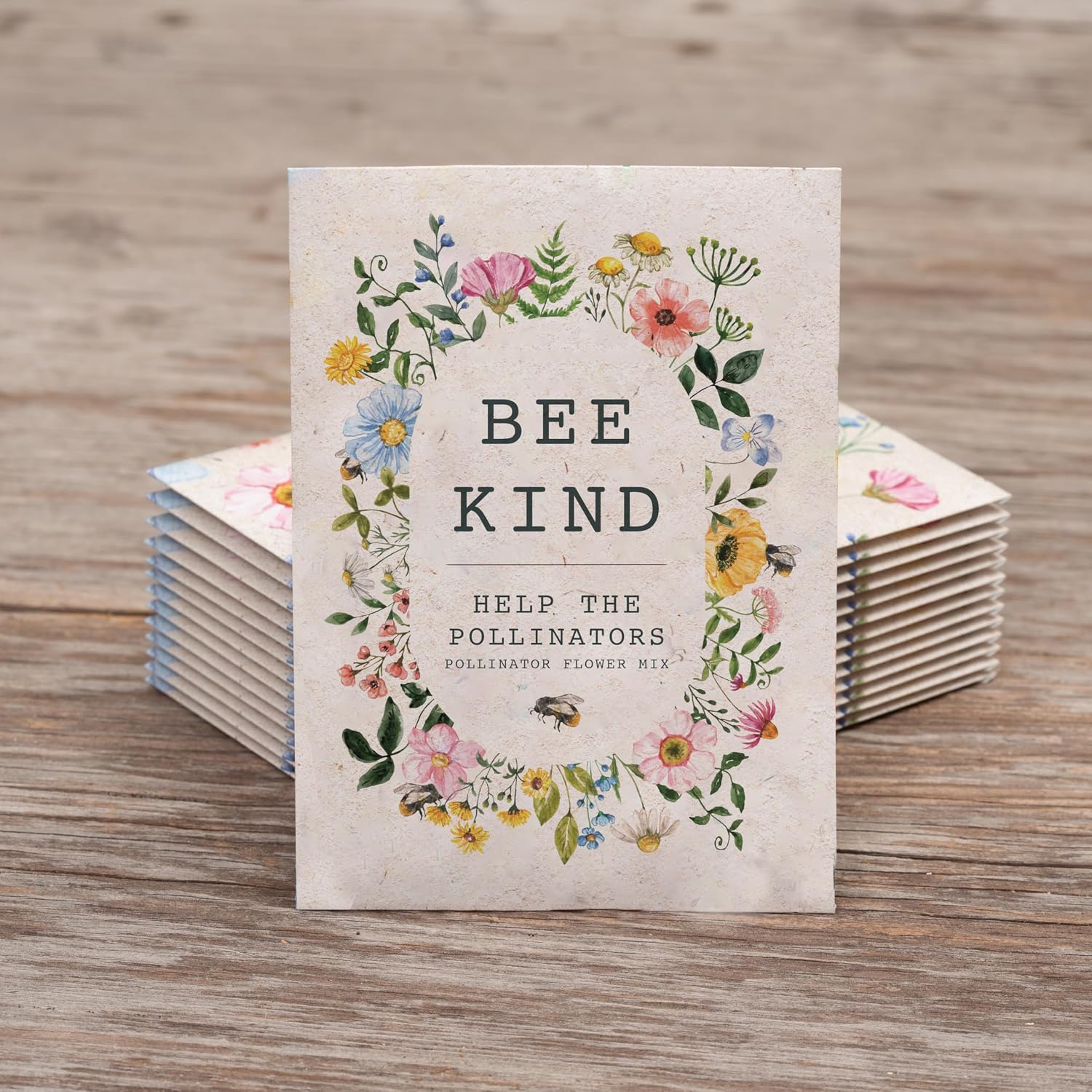 Bee Kind Pollinator Flowers | Beautiful Bee Art Kraft Look Seed Packets | Environmental Favors Cards for Guests