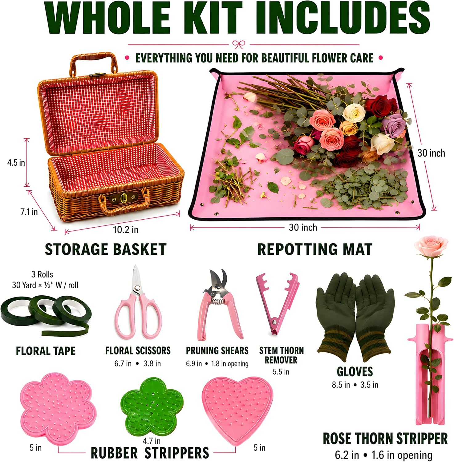 Florist Supplies Kit with Repotting Mat&Wicker Basket, Floral Tools | 13-Piece Floral Arrangement Kit with Repotting
