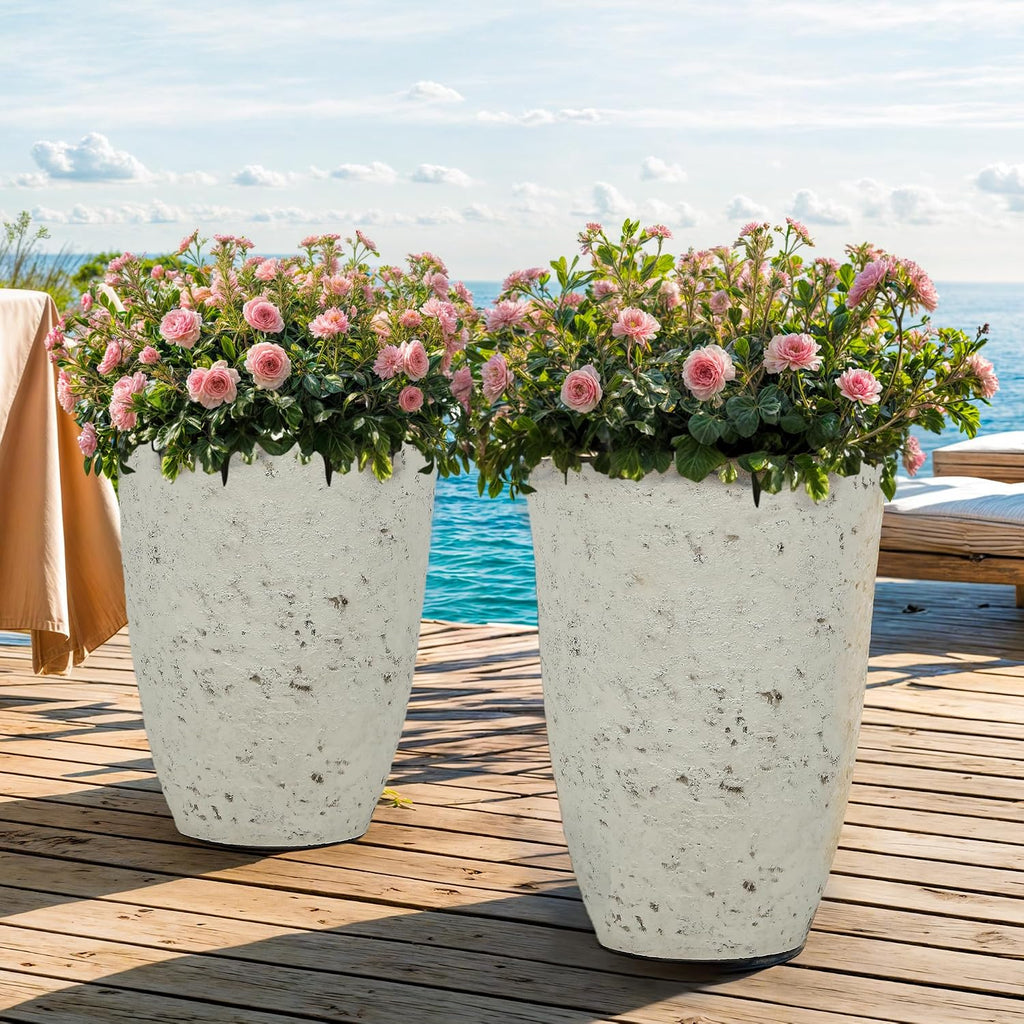 Autodaya 19.5" Resin Tall Planters for Outdoor Plants, Set of 2 Flower Pots | Country White Large Outdoor Planters With