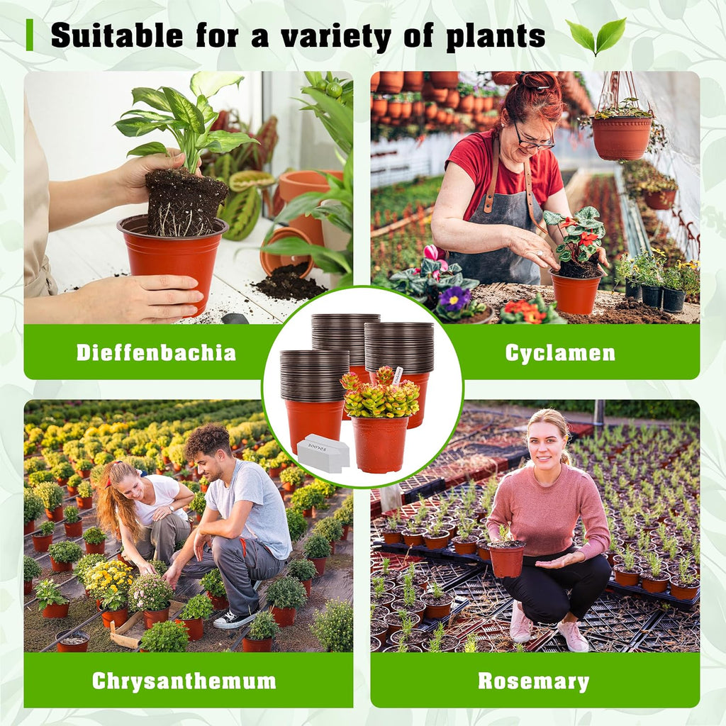 TDHDIKE 6" Plastic Plant Nursery Pots 200Pcs with 200 Labels | Red Seedling Flower Containers, Indoor/Outdoor Seed