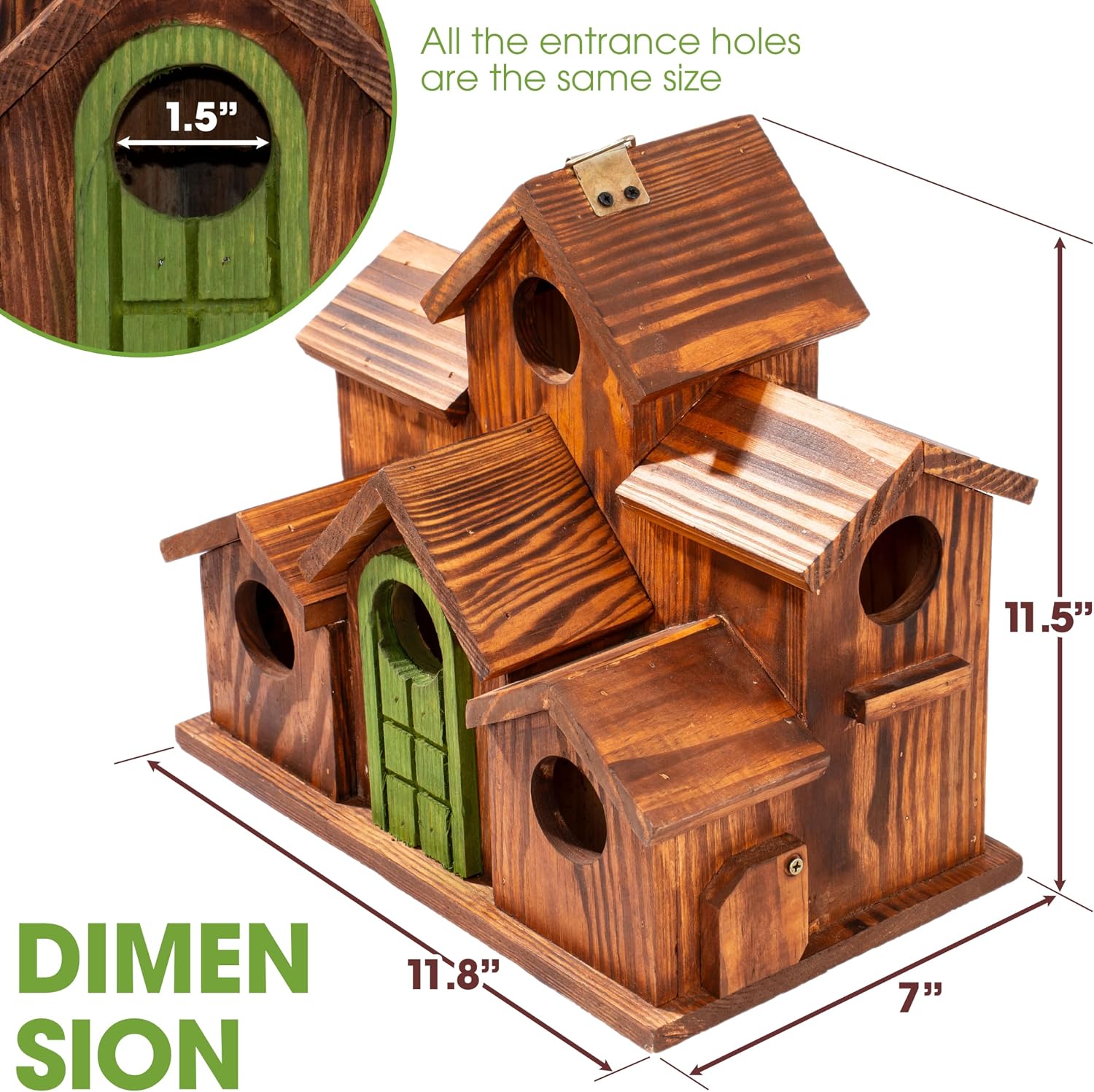 MIXUMON Bird House Outdoor, 6-Room Wooden Birdhouse for Outdoors & Outside, Carbonized Pine Wood Bird Houses with 1.57”
