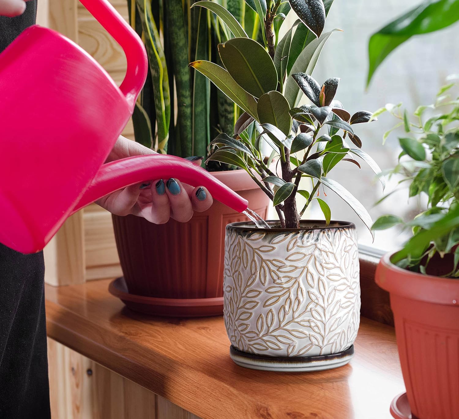 D'vine Dev Embossed Leaves Ceramic Planter, 5 in, Smoked White, 27-A-V-1 | Nature-Inspired Leaf Pattern, Handcrafted