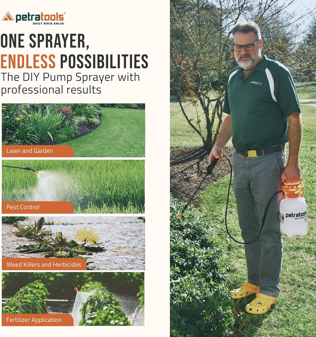 PetraTools HD101 Garden Pump Sprayer, 52-in Long Hose & 2 Nozzles, 1 Gallon | Weed Sprayer 1 Gallon w/ Easy Carry