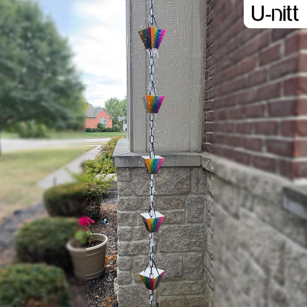 U-nitt Rain Chain Water Collection for Gutters Rainwater Catcher & Diverter, 8.5 FT Chains for Outside Garden, Rainbow