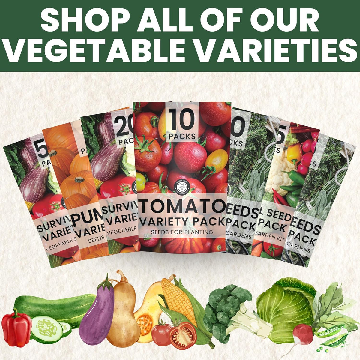 55 Vegetable Seed Packets | Survival Variety Pack | 2026 Season | Individually Packed Vegetables, Herbs and Fruits