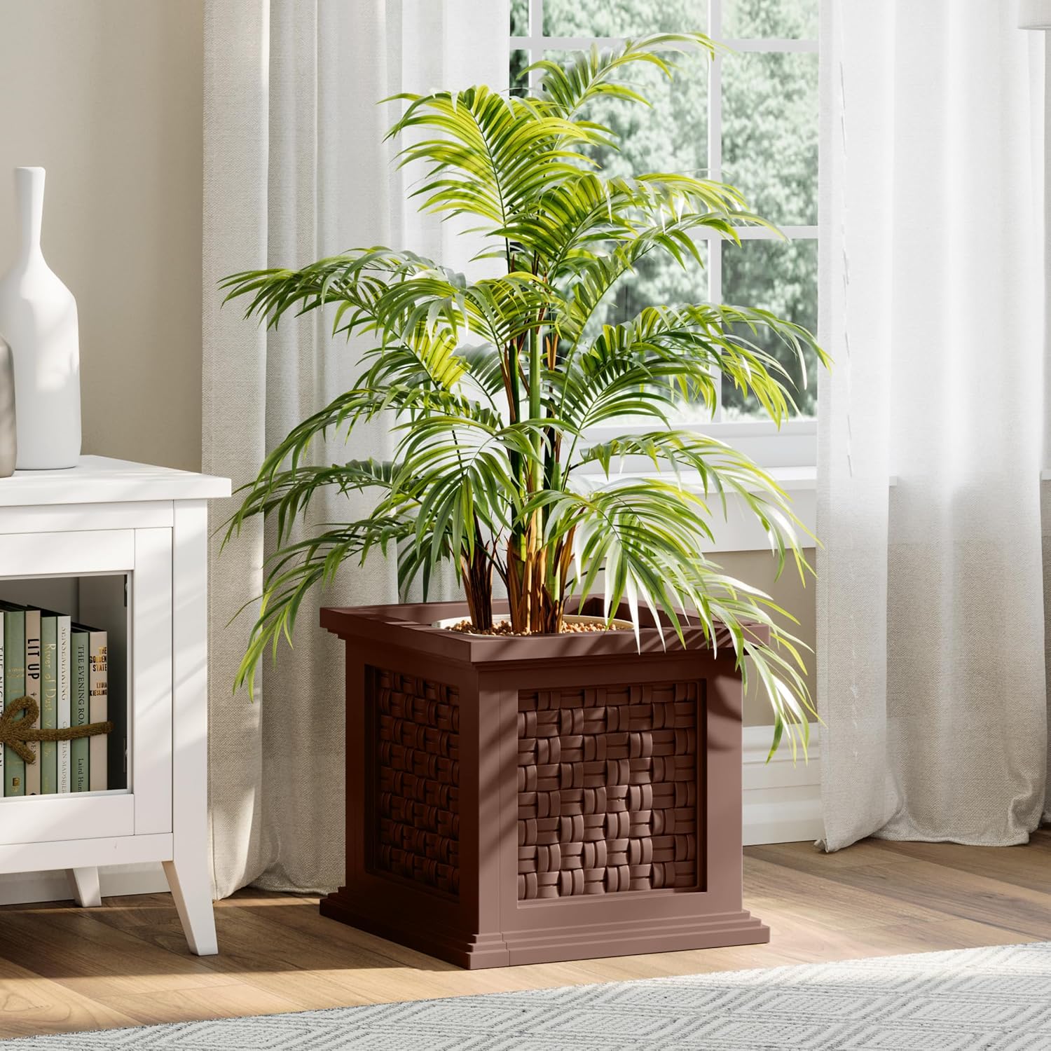 Rattan Style Outdoor Planter Box - 14.65-Inch-Square Decorative Flower or Plant Pot - Garden, Patio and Front Porch