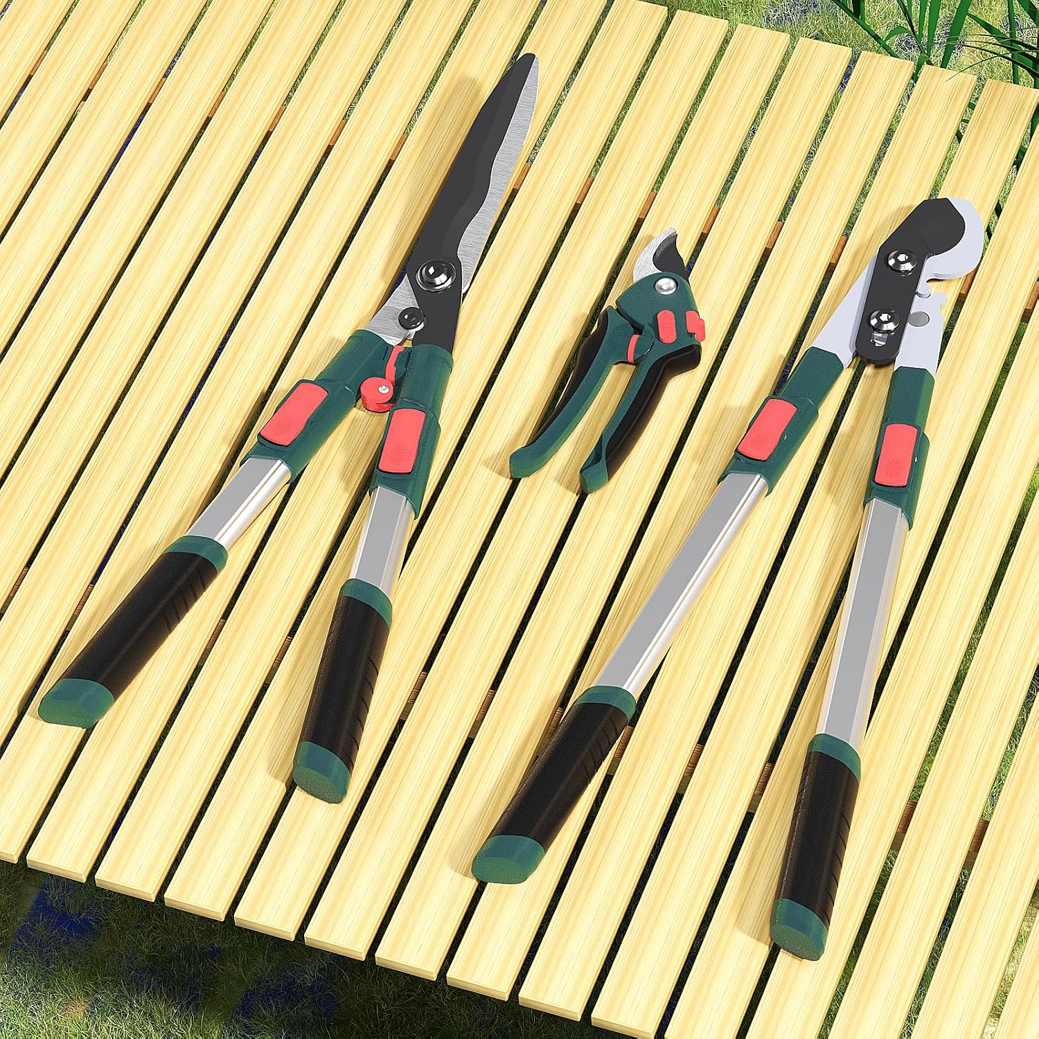 GARTOL 3-Piece Garden Tool Set - Bypass Lopper, Hedge Shears, Pruning Shears with Telescopic Aluminum Handles