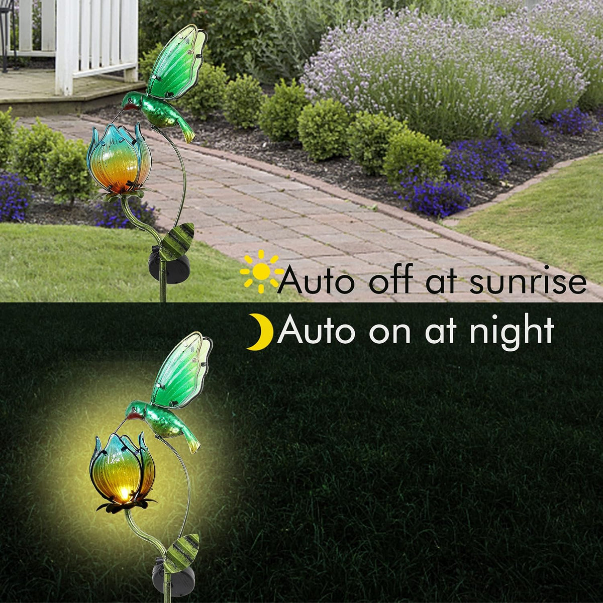 TERESA'S COLLECTIONS Glass Flower Bird Pathway Solar Outdoor Light for Garden Decor, 39'' Tulip and Hummingbird Metal