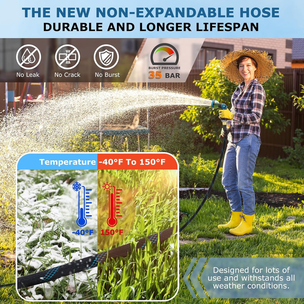 Non-Expanding Garden Hose 100 ft, Kink Free Flexible Water Hose with 10-Pattern Spray Nozzle, Lightweight Hose Pipe