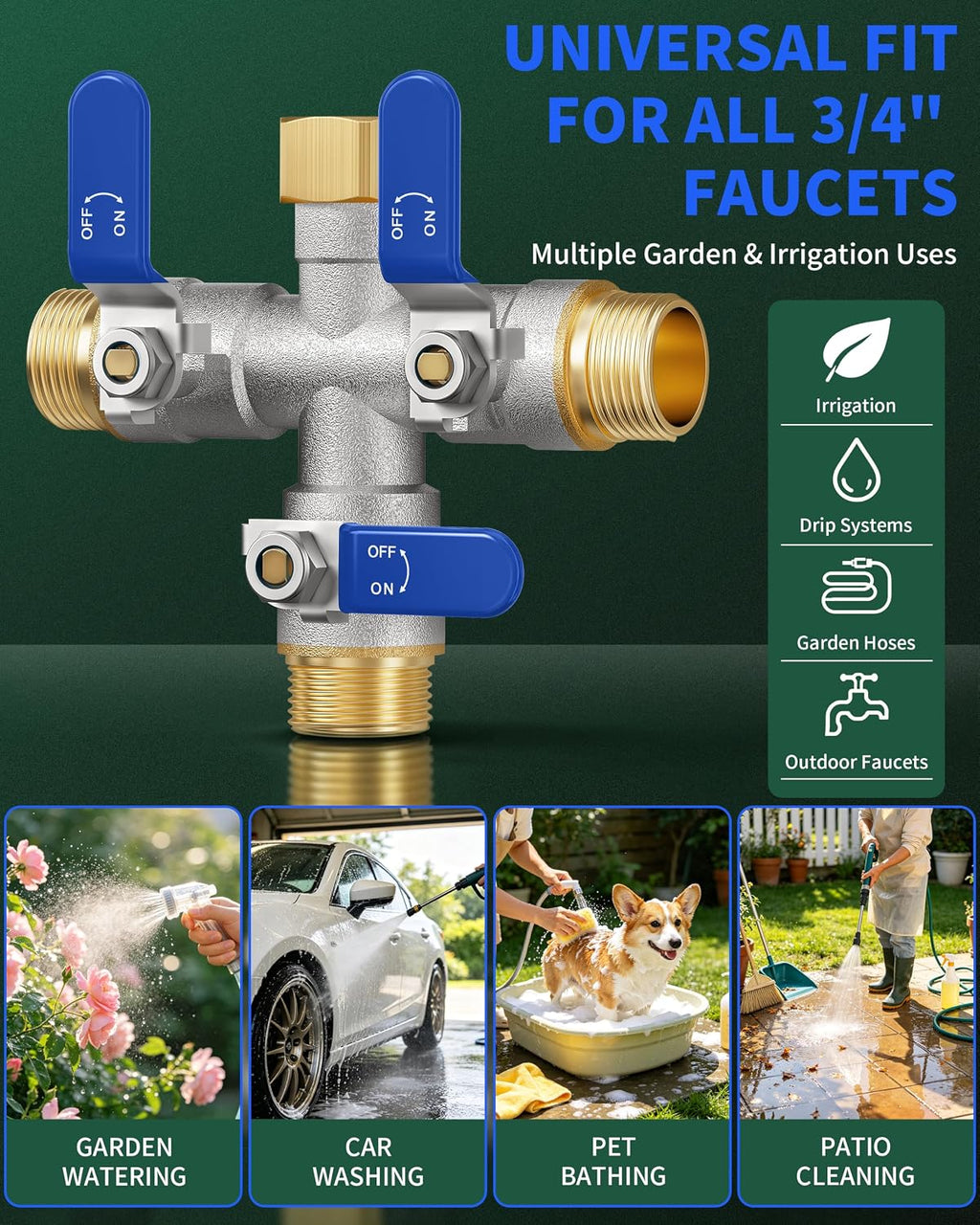 3 Way Hose Splitter, Heavy Duty Brass Garden Water Hose Splitter | Full Flow Design, Rust-Resistant Nickel-Plated