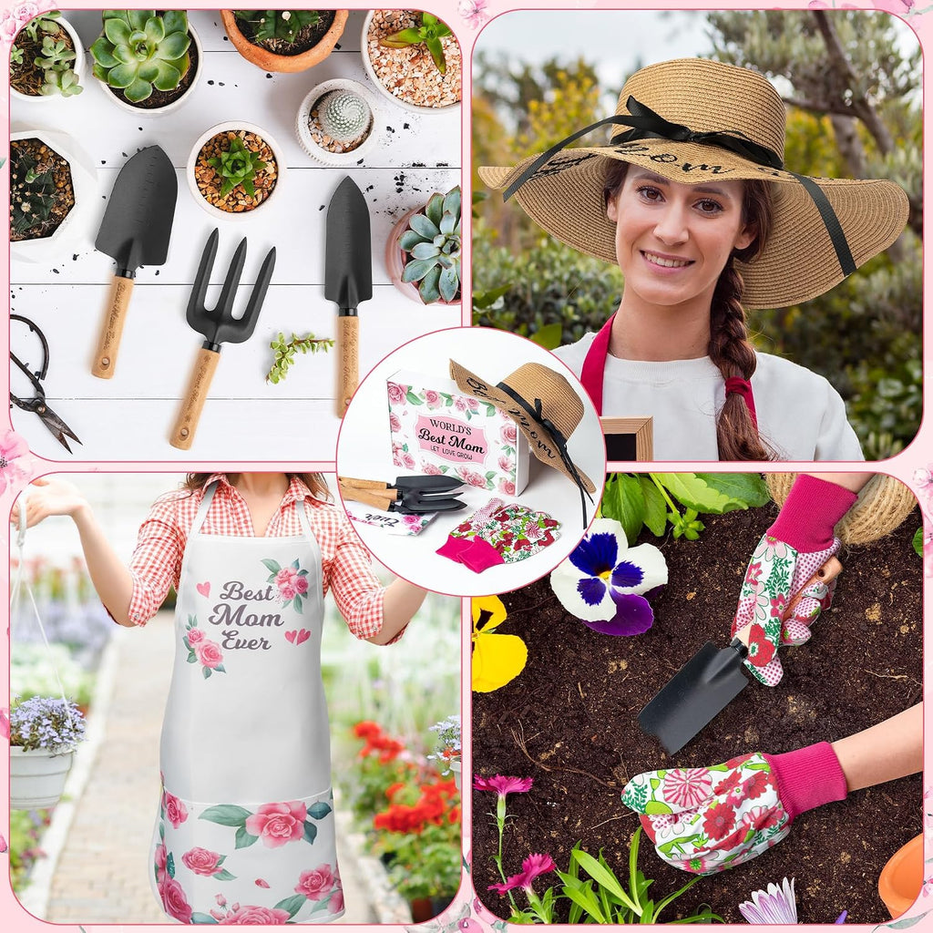 Mom Garden Tools Pink Hand Rake Transplanter Apron Trowel Straw Hat Planting Gloves Gardening Set with Box Outdoor