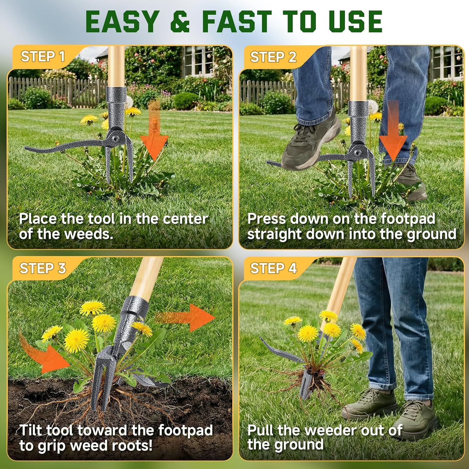 Weed Puller Tool, Stand Up Heavy Duty Weed Remover Tool with Long Handle & 4-Claw Steel Head, Bamboo Garden Hand