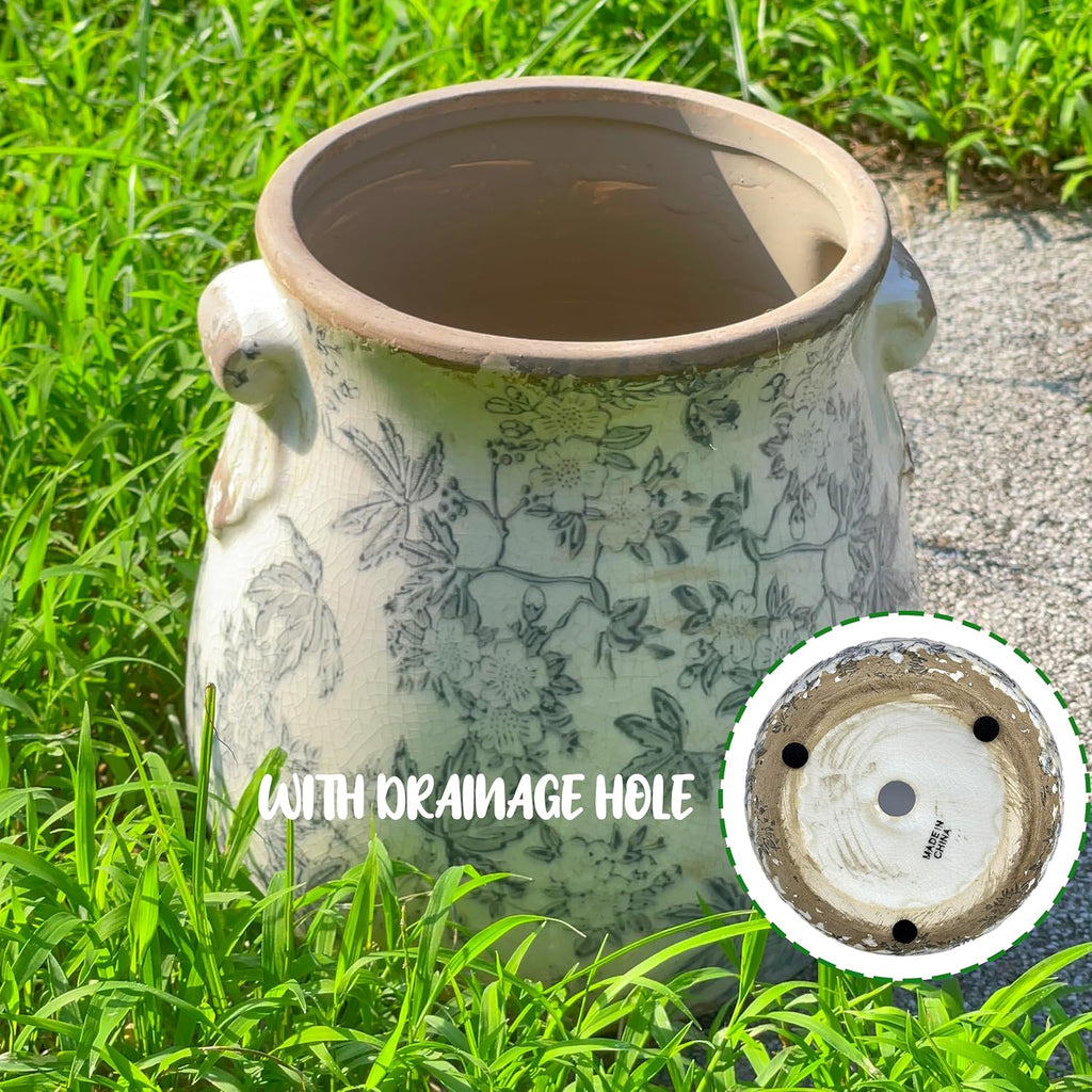Vintage Grey Ceramic Ice Crack Glaze Flower Pot with Drainage Holes and With Handle, Country Rustic Planters for Indoor