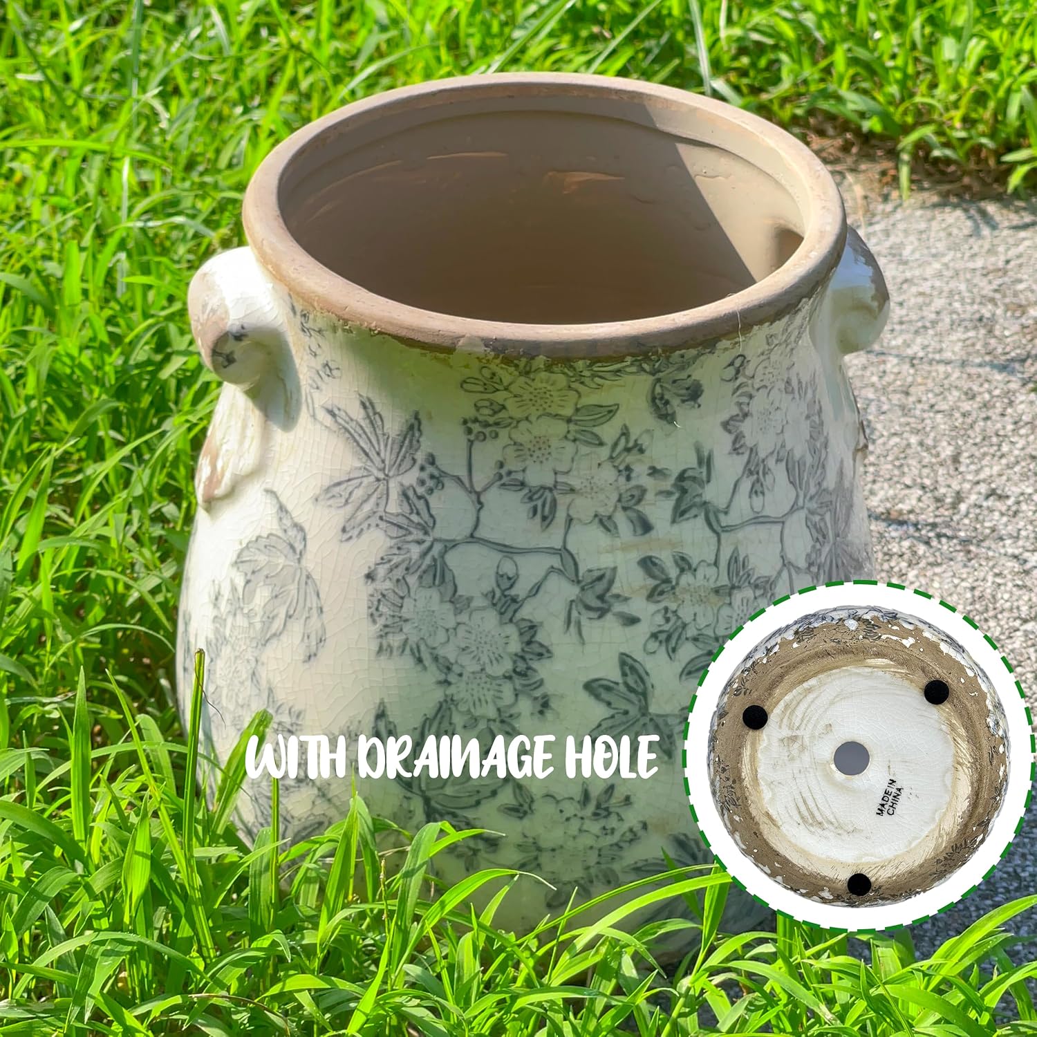 Vintage Grey Ceramic Ice Crack Glaze Flower Pot with Drainage Holes and With Handle, Country Rustic Planters for Indoor