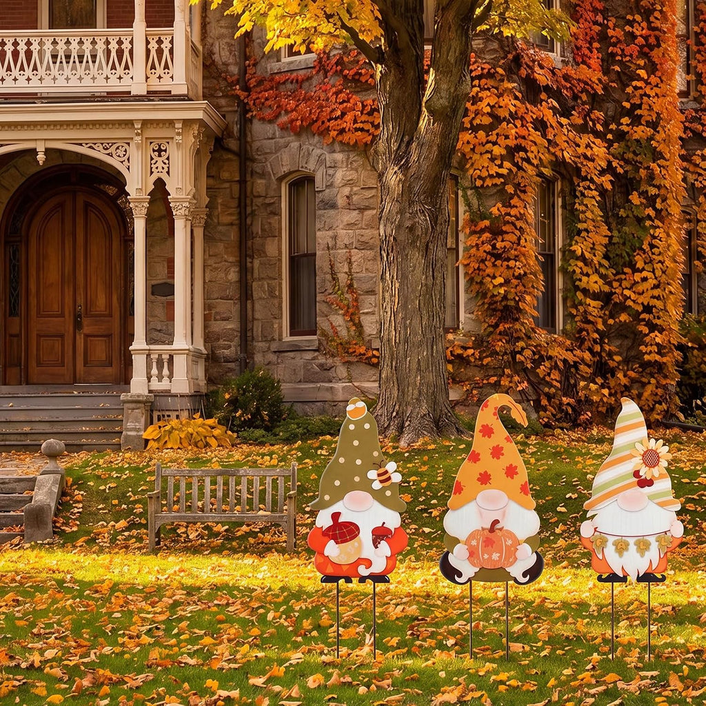 3 Pcs Fall Gnome Stakes Metal Autumn Garden Decor for Outside | Yard Signs Outdoor Decor Harvest Welcome for