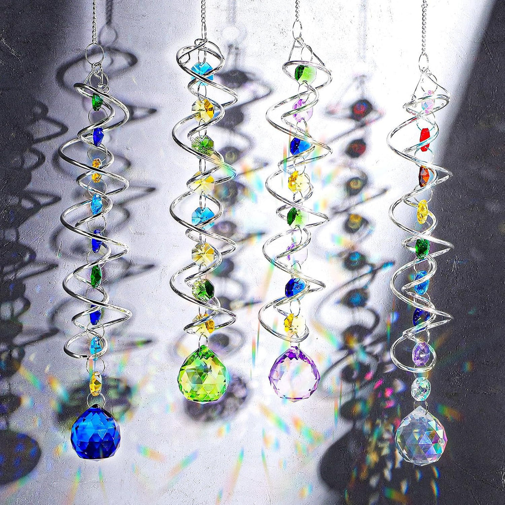 Set of 4 Crystal Sun Catcher for Window Hanging Double-Spiral Gazing Ball Spiral Tail Rainbow Maker Wind Spinners