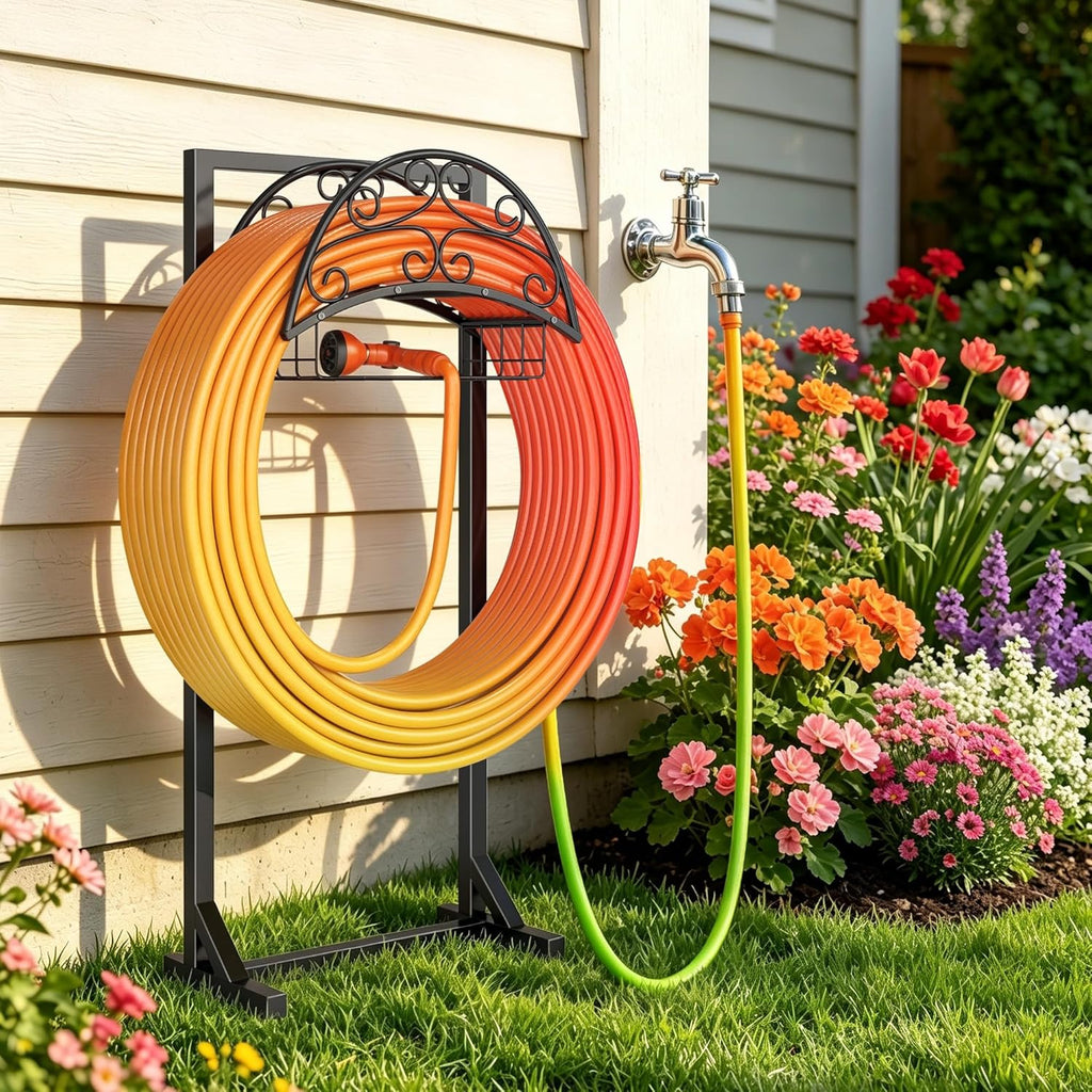Gayuteay Garden Water Hose Reel Holder with Storage Basket for Outside | Holds 151ft Heavy Duty Freestanding Hose