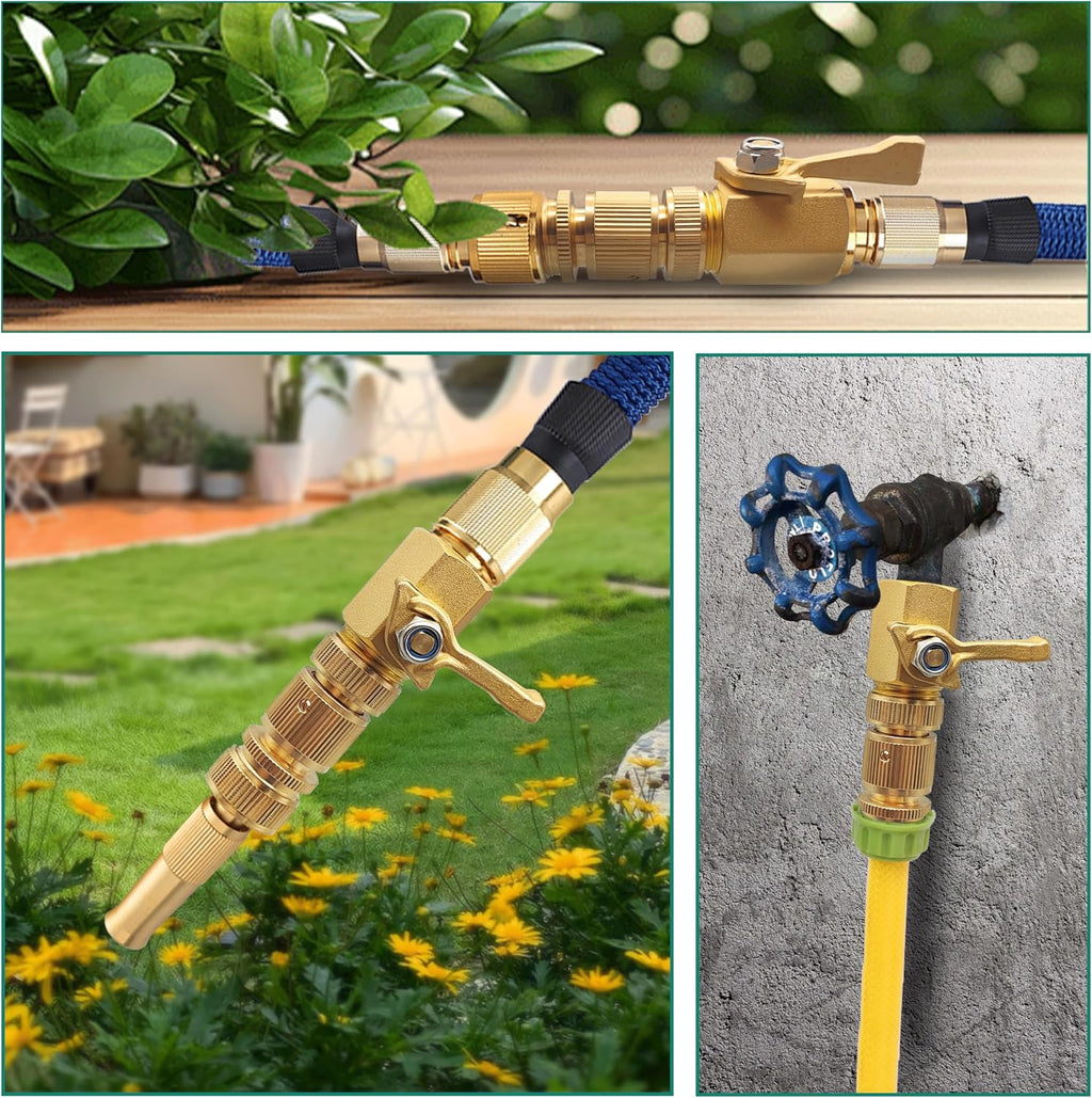 Solid Brass Garden Hose Accessories Kit - 2 Pack 3/4" GHT Full Flow Shut Off Valves & Quick Connects - Includes 8