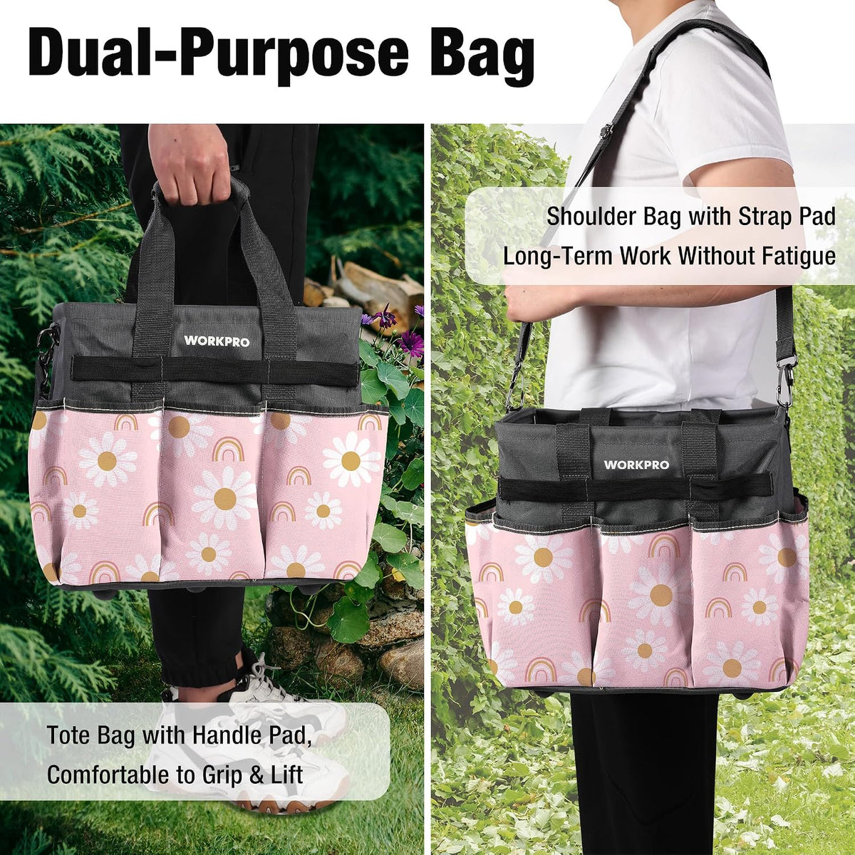 WORKPRO Garden Tool Bag, 10 Pockets and Shoulder Strap, Floral Pink | Heavy Duty Gardening Organizer Tote Bag Standable