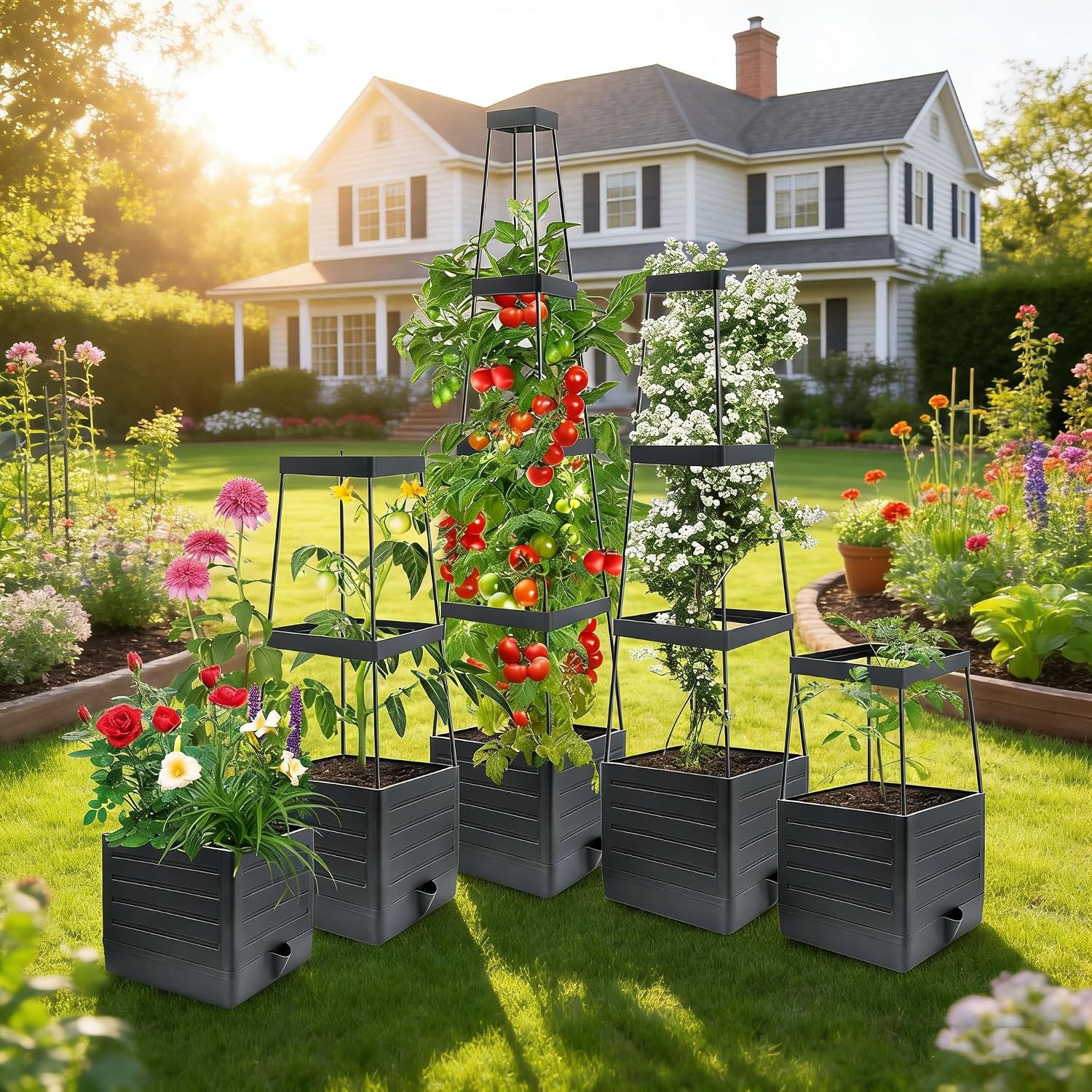 MQUPIN Tomato Planter Box with Trellis for Garden, 57 Inch Self-Watering Raised Garden Bed, Patio Tomato Cage for