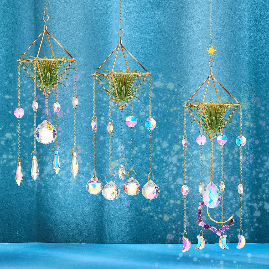 Yookeer 3 Pcs Hanging Air Plant Holder Rustic Style Air Plant Rack Hanger with Crystal Pendant and Chain Golden