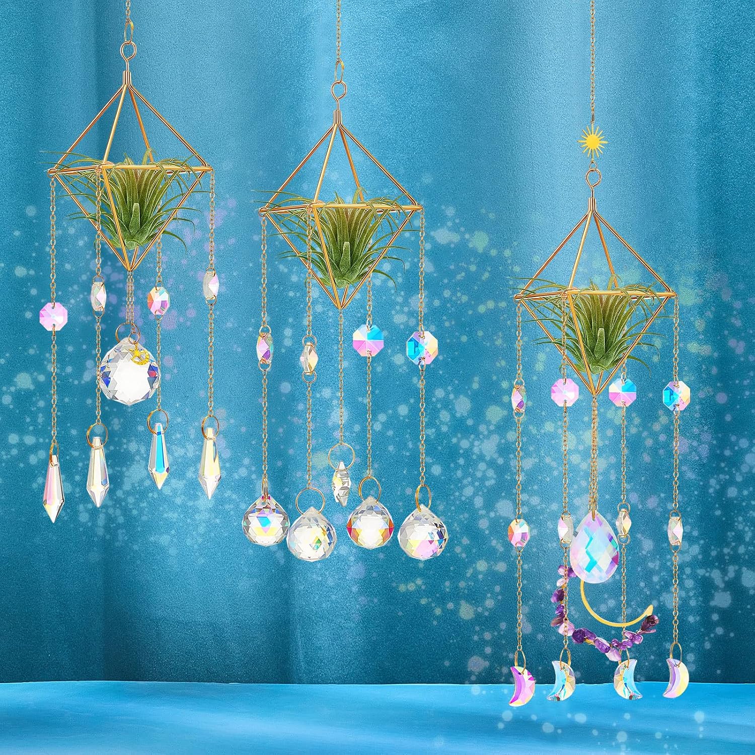 Yookeer 3 Pcs Hanging Air Plant Holder Rustic Style Air Plant Rack Hanger with Crystal Pendant and Chain Golden