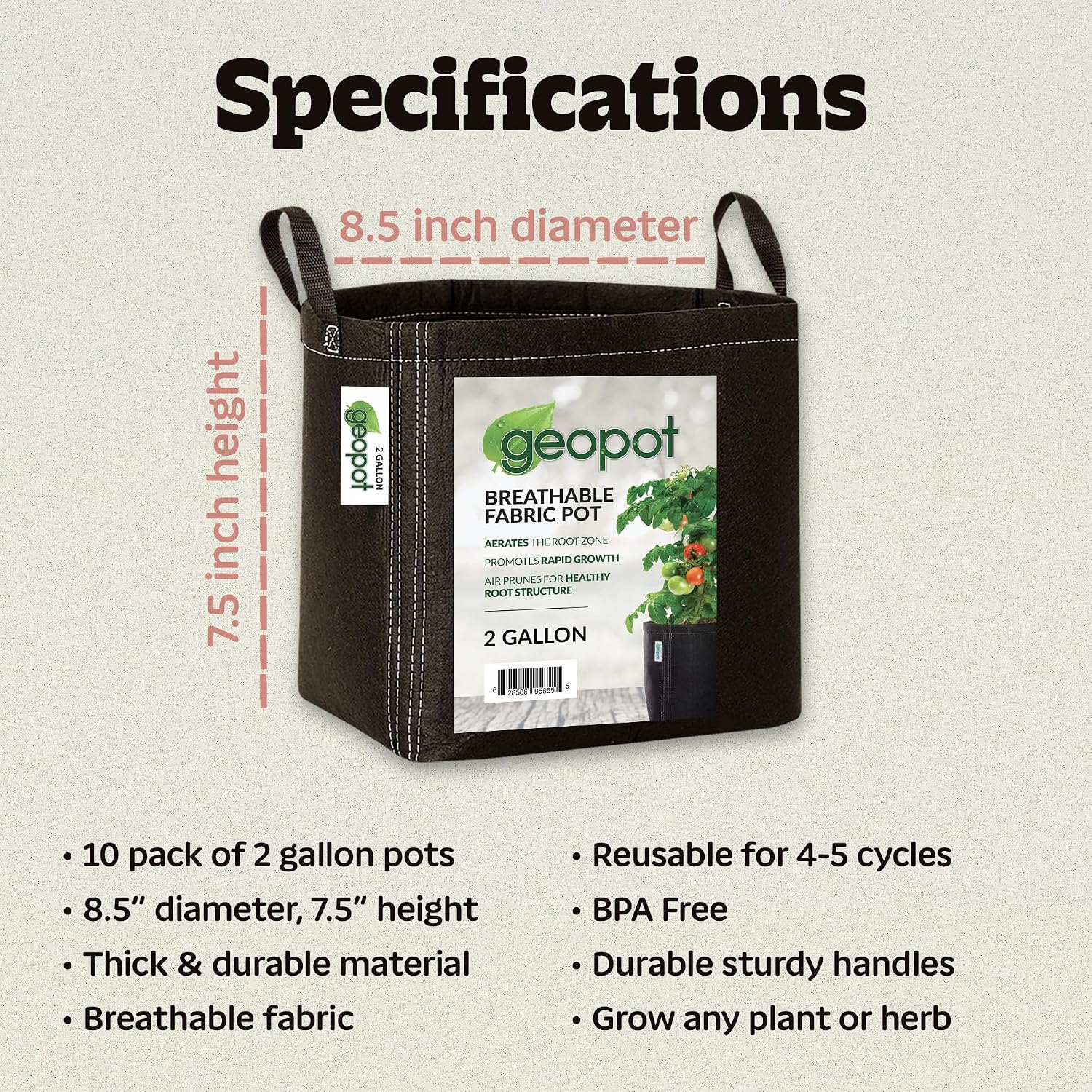 2 Gallon Fabric Grow Bags with Handles for Vegetables, Houseplants, Herbs & Flowers | 10-Pack | Fabric Pots for
