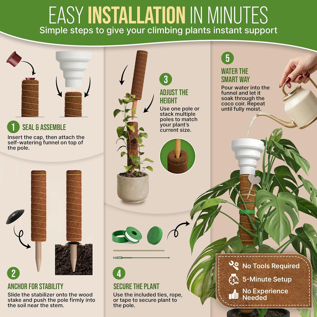 Moss Pole Monstera Plant Support Stakes - 2x26.4 or 48.7" Unique Self-Watering, Extendable Coco Coir Pole for Climbing