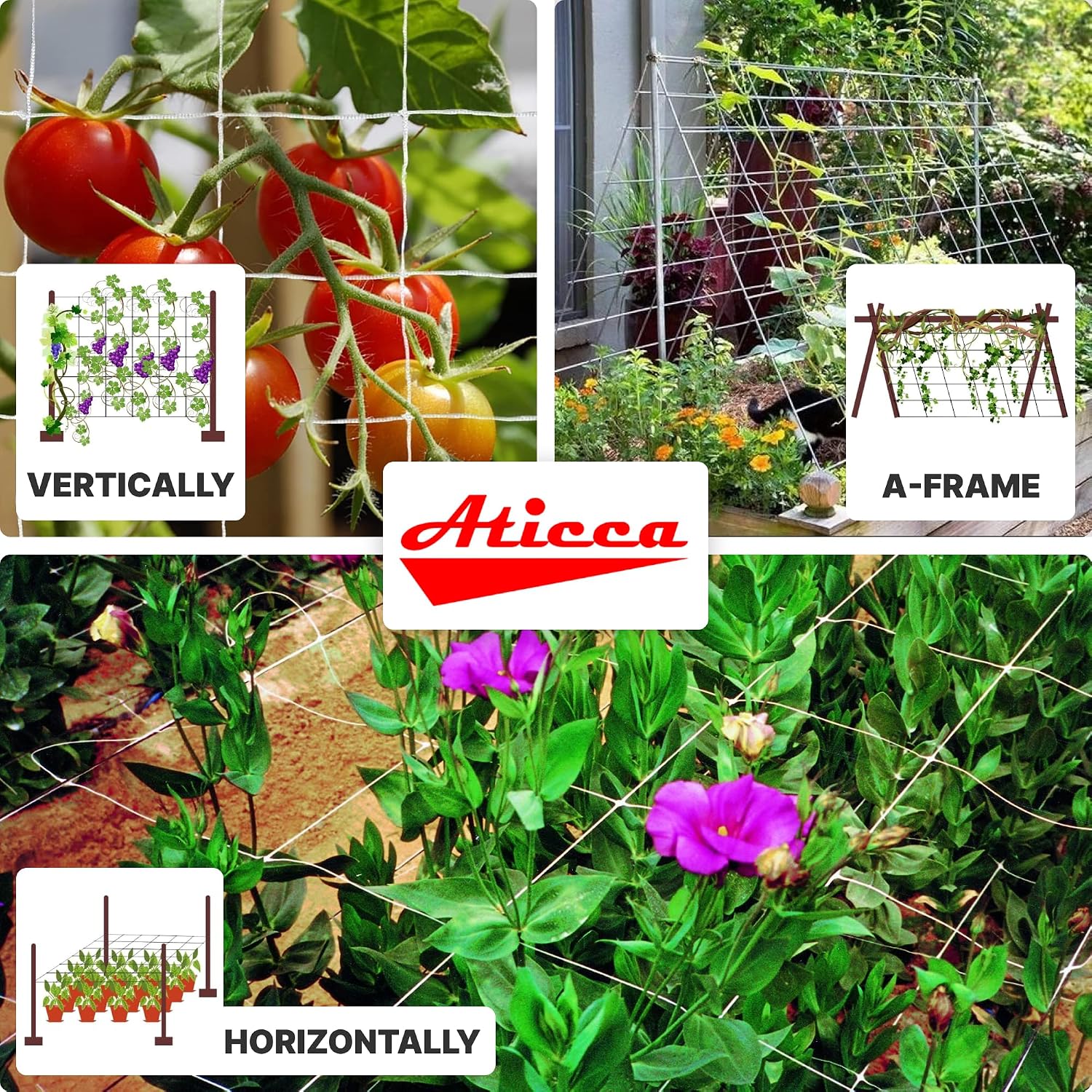 ATICCA Trellis Netting 5 x 225 ft Heavy Duty Polyester Plant Support Netting White - 6 Inch Garden Rope Trellis on Roll