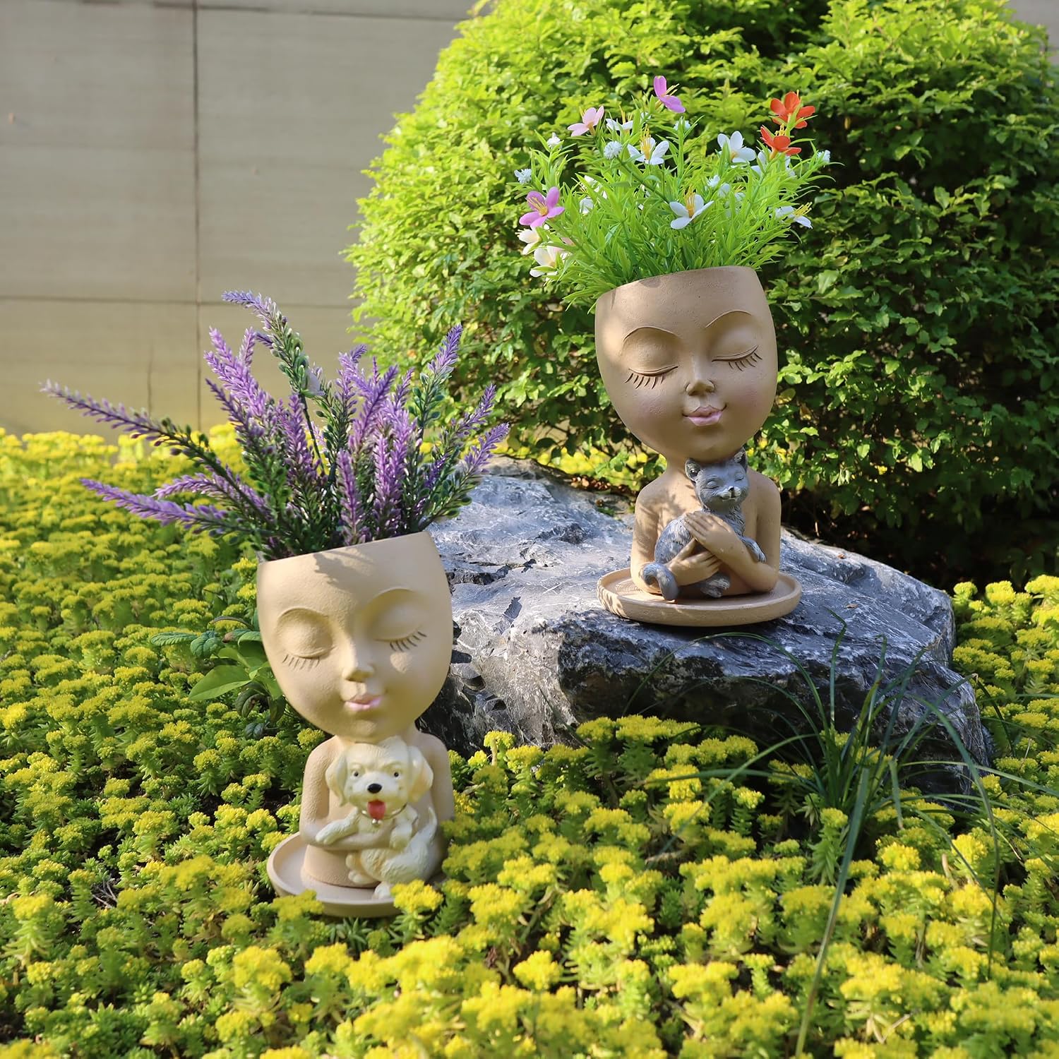 Dolkgy Cute Face Planter with Dog Head Planters Pot for Indoor Outdoor Plants, Succulent Flower Pot with Drainage Tray
