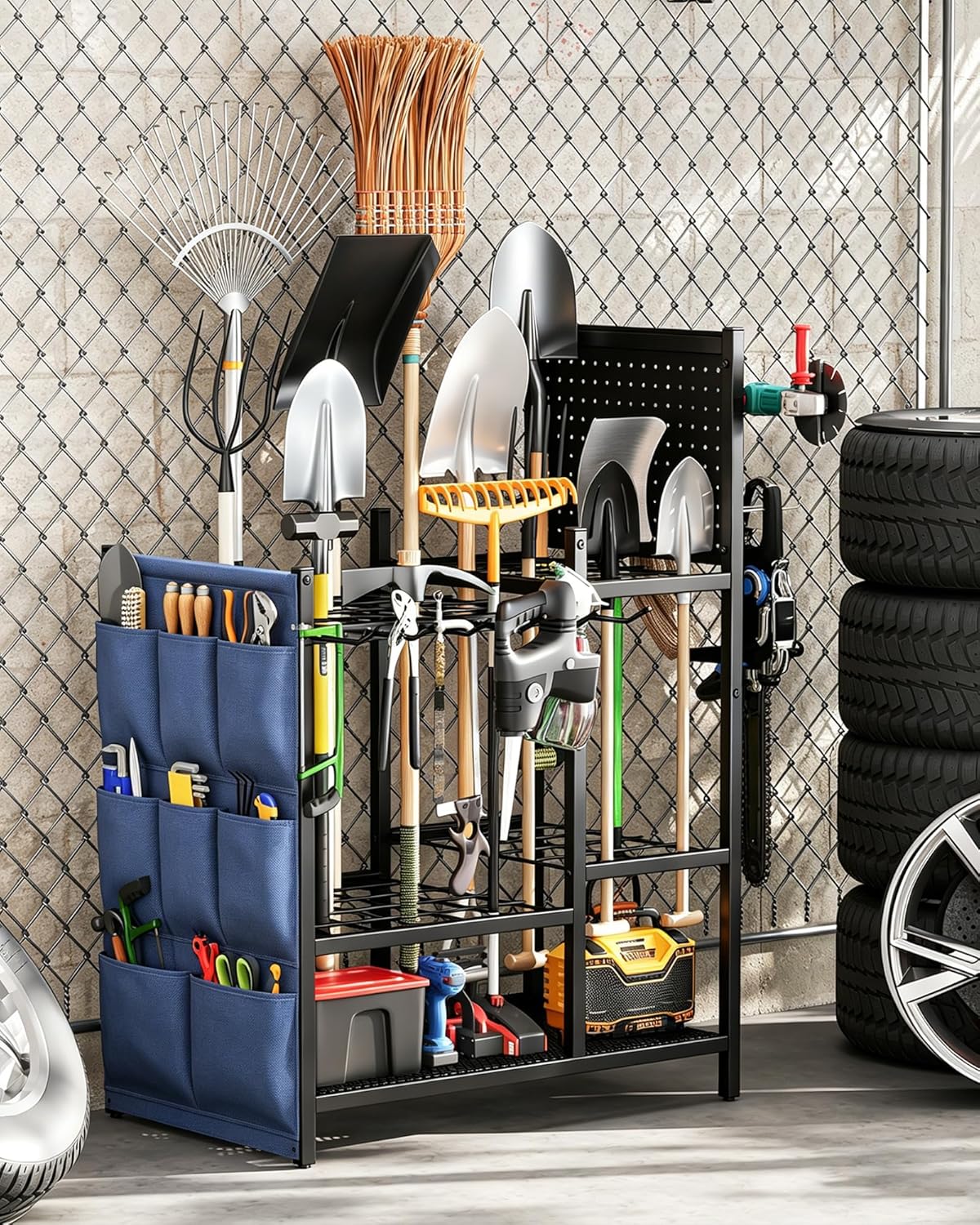 Garden Tool Organizer with Pegboard, Yard Tool Holder Standing for Garage Organization, Up to 30 Long-Handled/10