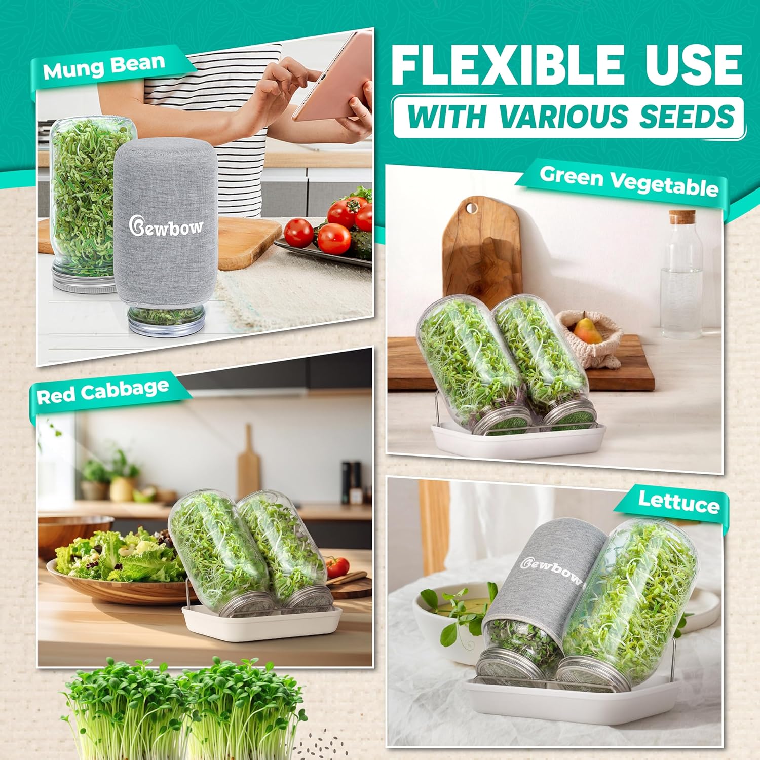 2000ml(68oz) LARGE SIZE Seed Sprouting Mason Jar Kit with Stand, Drain Tray | Screen Lids Seed Sprouting Kit, Blackout