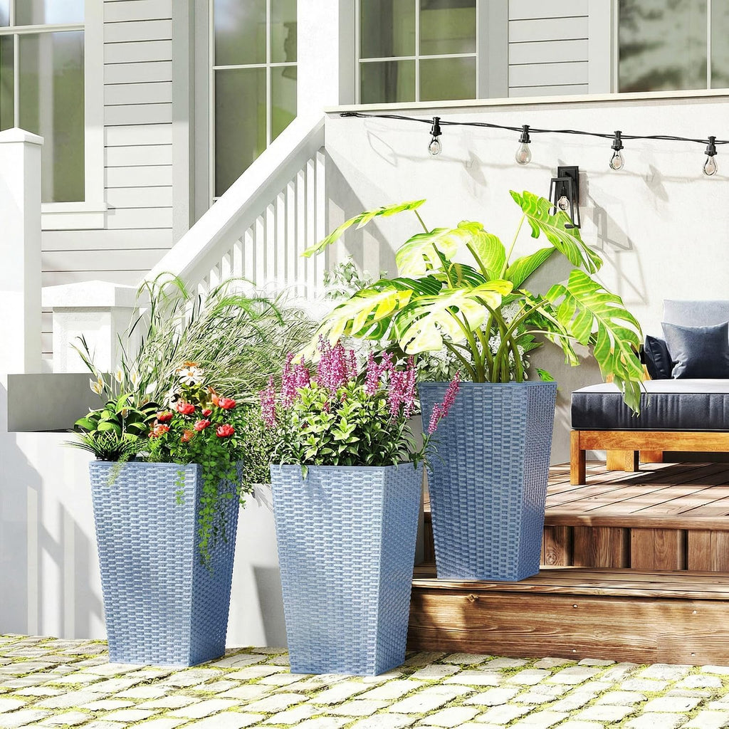 Outsunny 24 in Taper Tall Planters for Outdoor Plants Set of 3, Light Gray | with Drainage Holes, Rattan Decor Plant