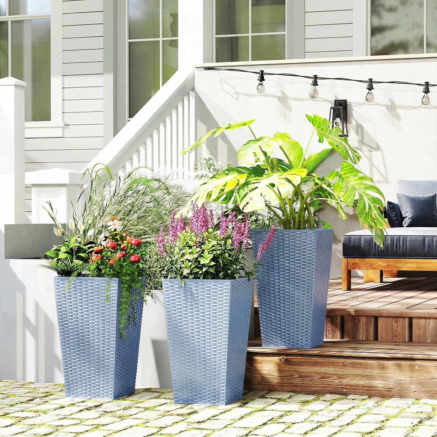 Outsunny 24 in Taper Tall Planters for Outdoor Plants Set of 3, Light Gray | with Drainage Holes, Rattan Decor Plant
