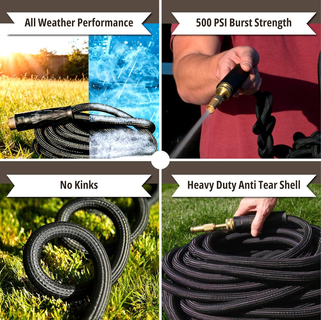 Hydrosteel PRO 50 Ft Heavy Duty Metal Garden Hose with Brass Nozzle | Made from 304 Stainless Steel, Flexible