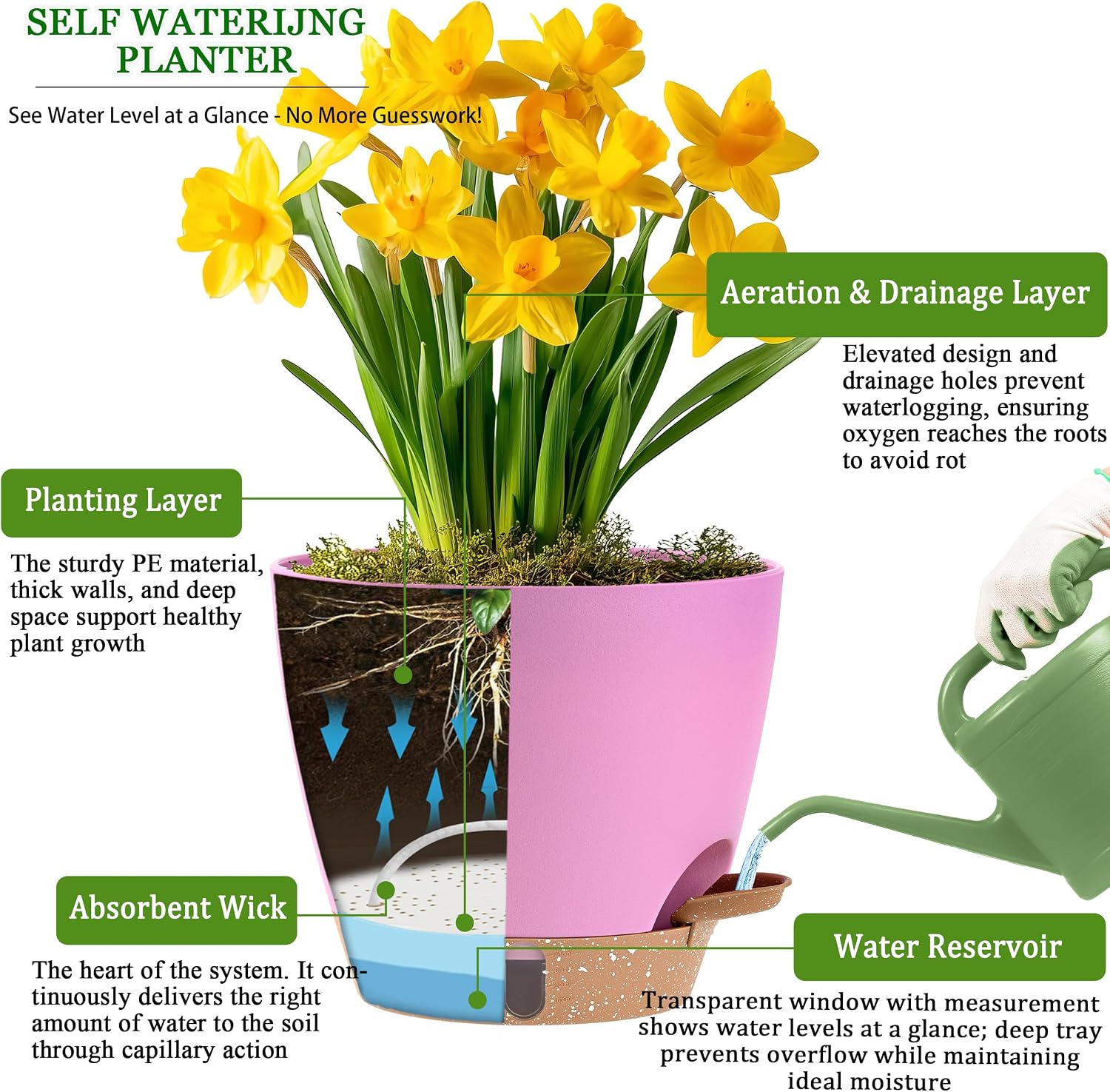 Self Watering Pots for Inoor Ourdoor Plants 8/7/6.5/6/5 Inch, 5 Pack | Plastic Planters with Drainage Holes & Water